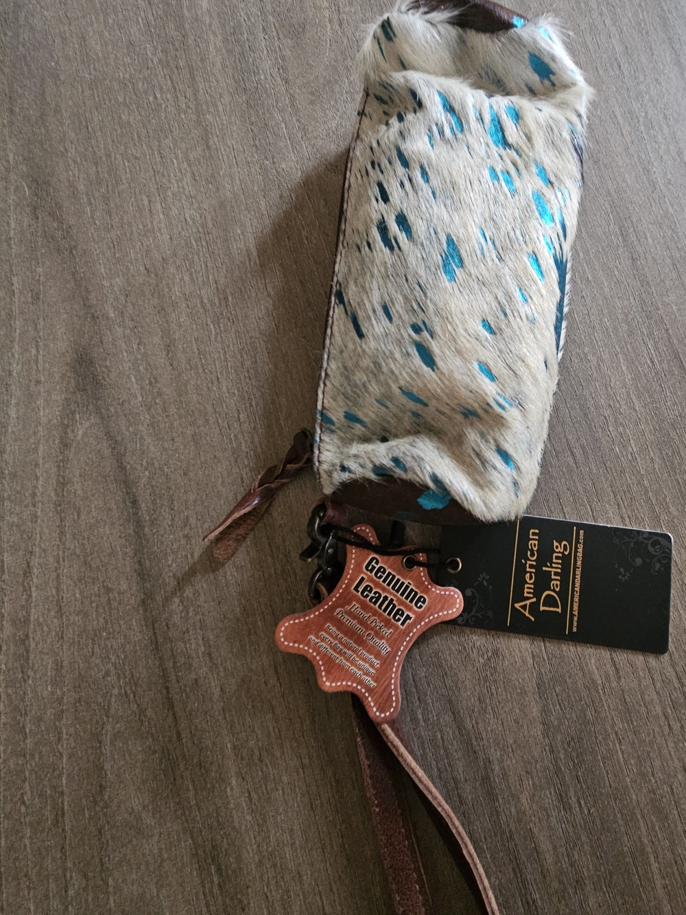 American Darling Genuine Leather Haircalf Wristlet with Turquoise Spots-NWT